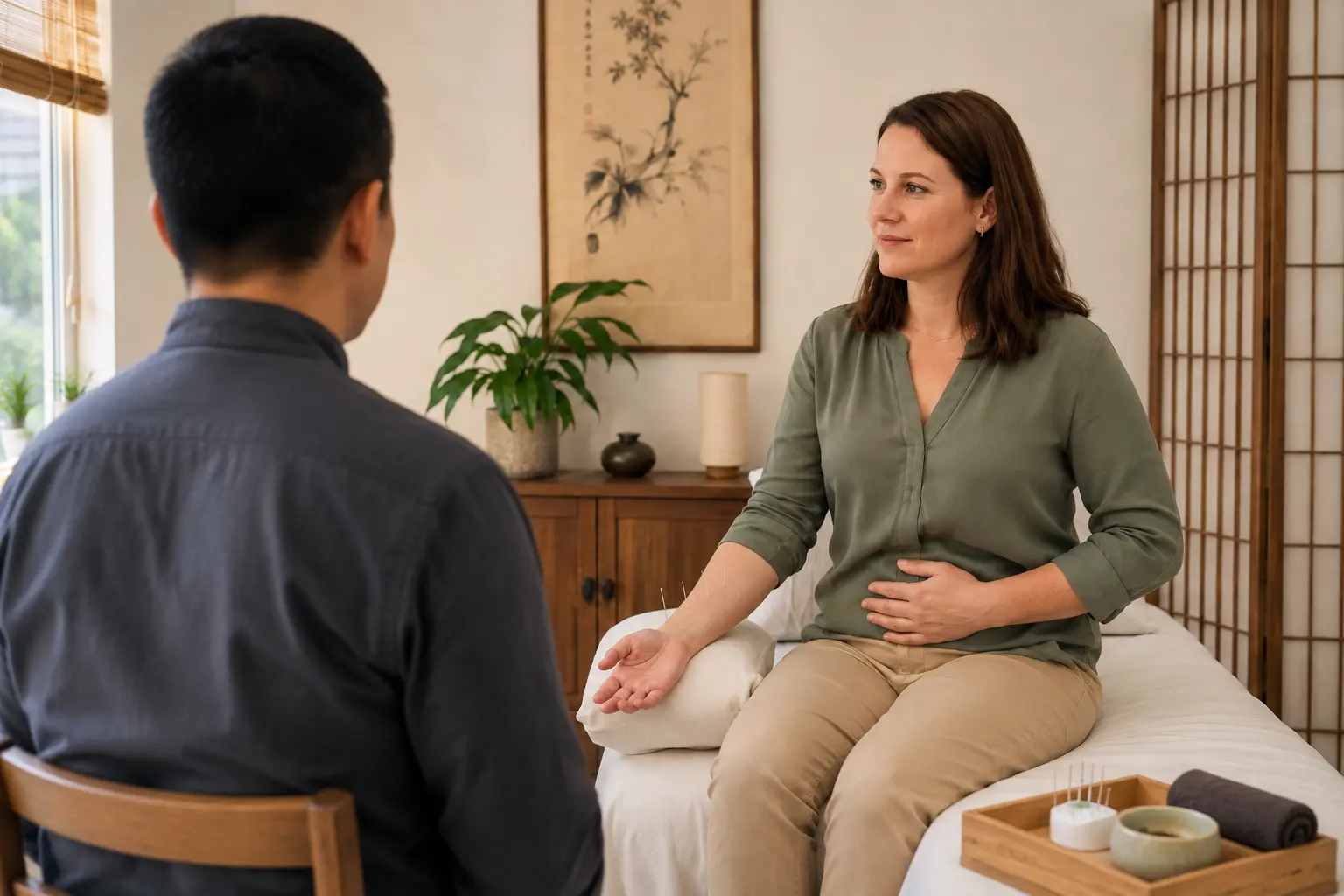 Patient discussing bloating and digestive discomfort with an acupuncture practitioner